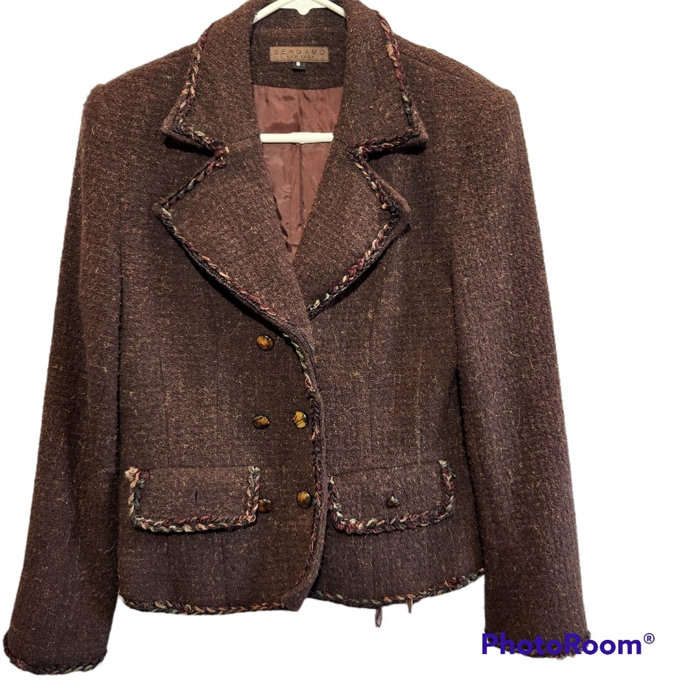 Bergamo New York Women's Hobo-Chic Brown Tweed Double-Breasted Cropped Jacket 8
